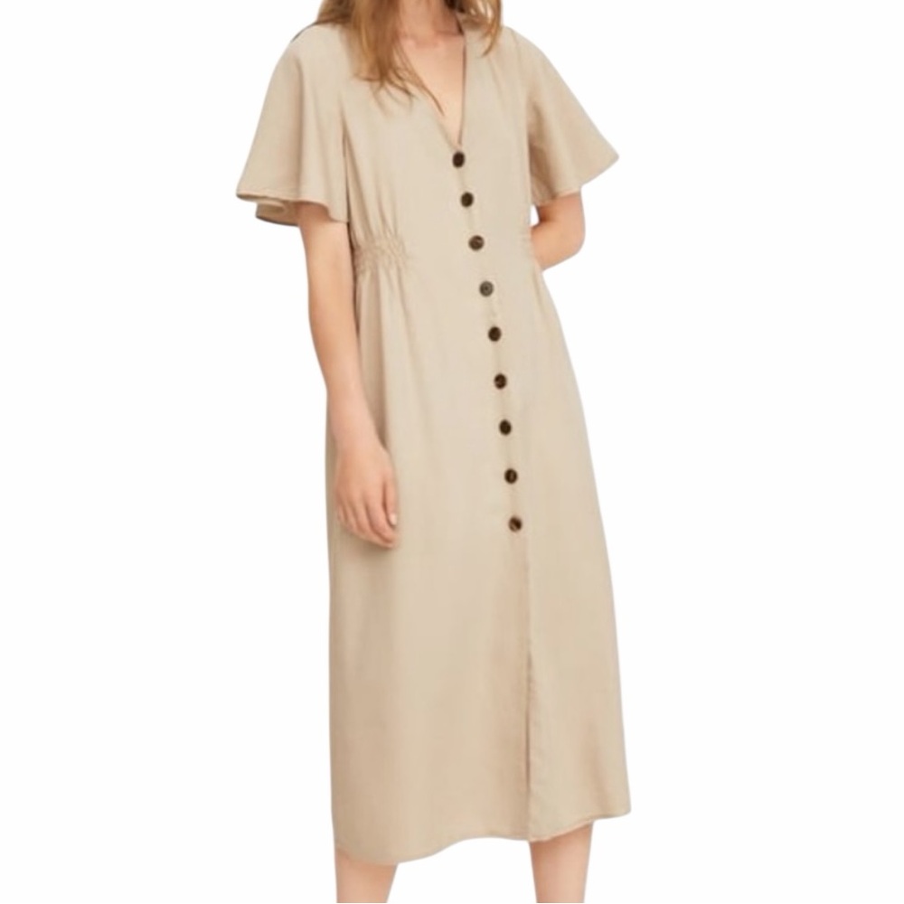 Zara Tan(Sand) Button Front V-neck Flare Sleeve Midi Dress L